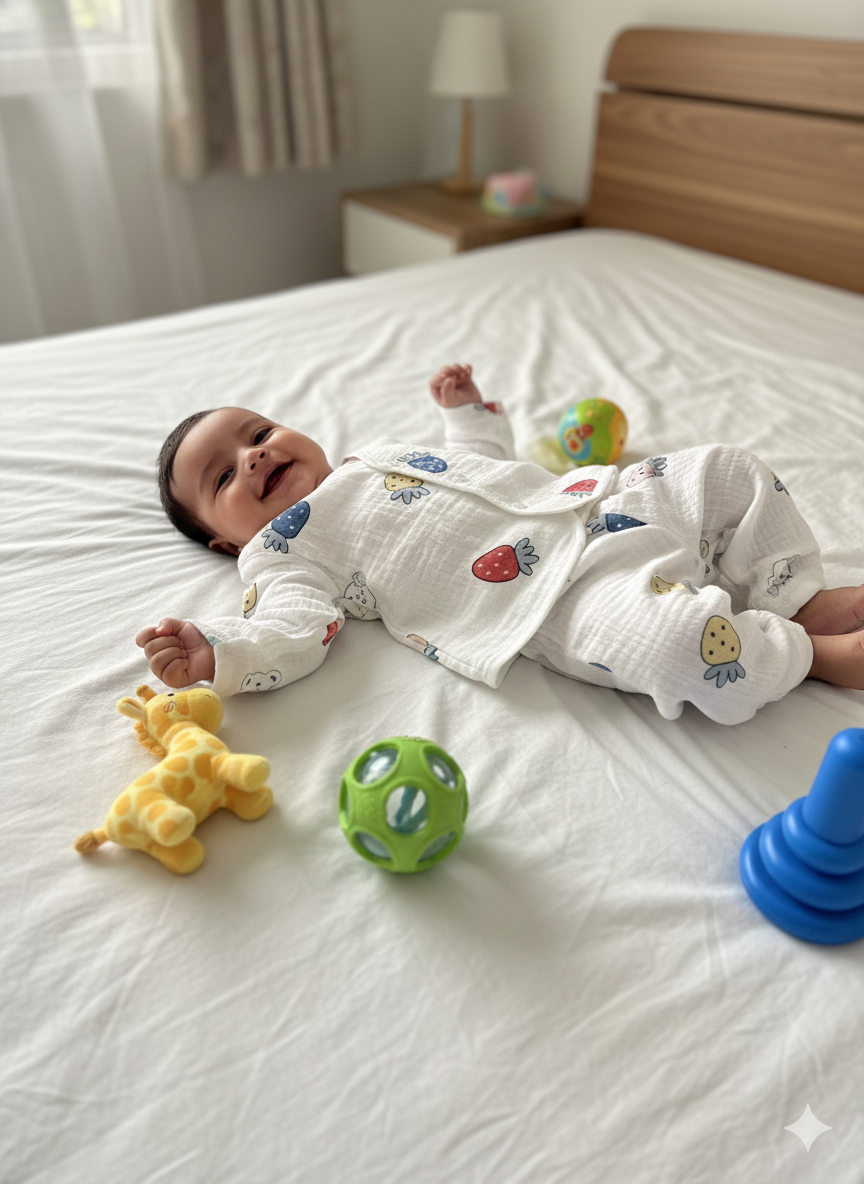 Baby Blue and Red Strawberry Muslin Suits
