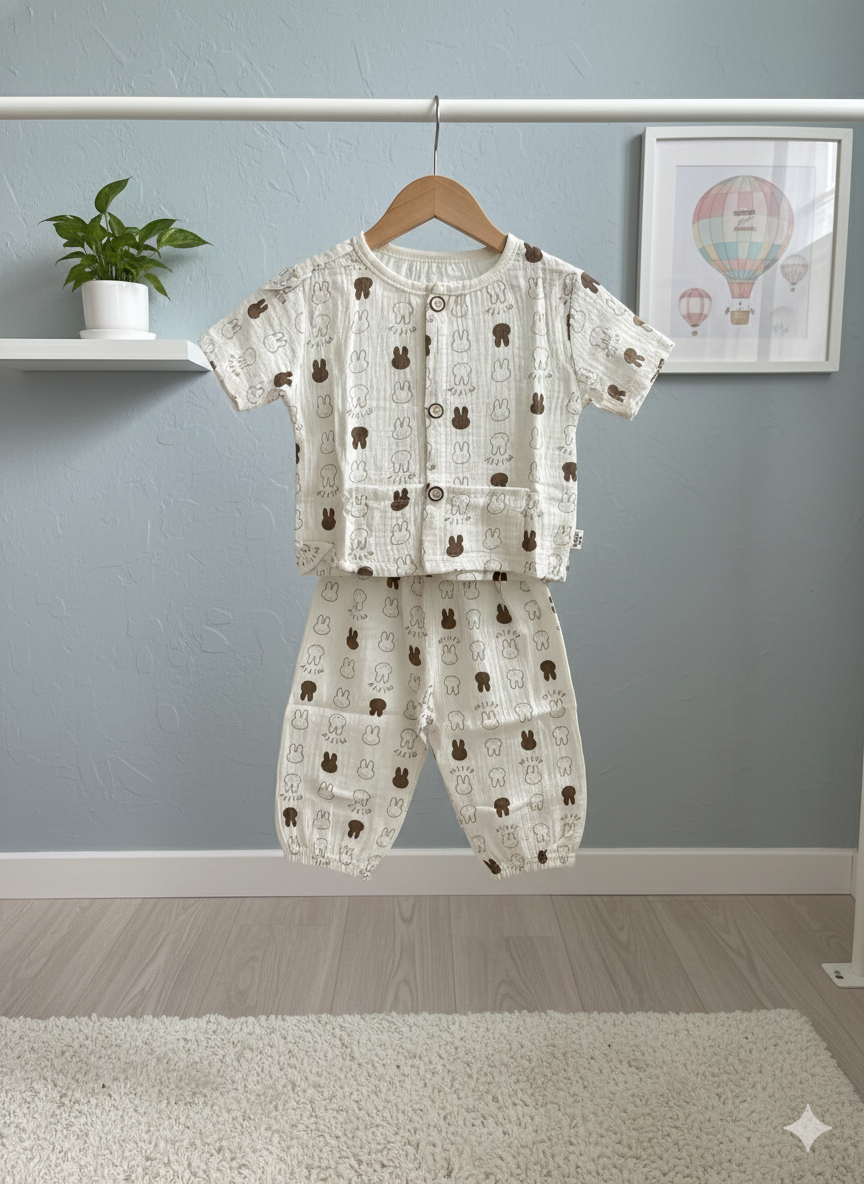 Unisex White and Brown Bunny Muslin Nightsuit