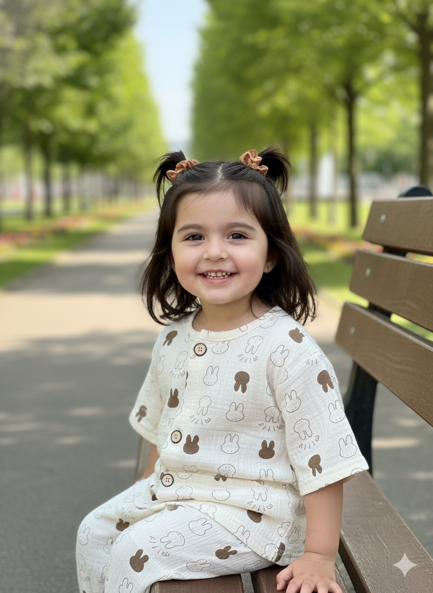 Unisex White and Brown Bunny Muslin Nightsuit