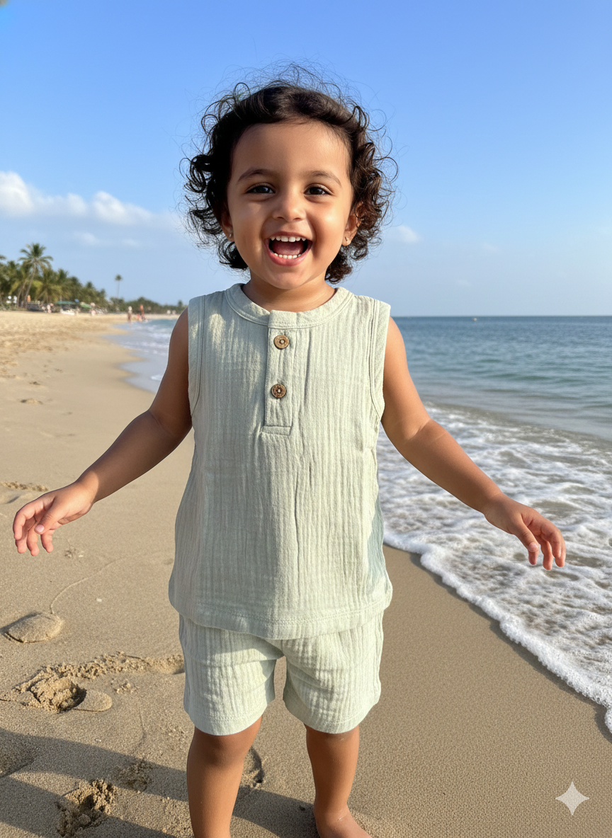 Unisex Solid Sea Green Sleeveless Cords Sets