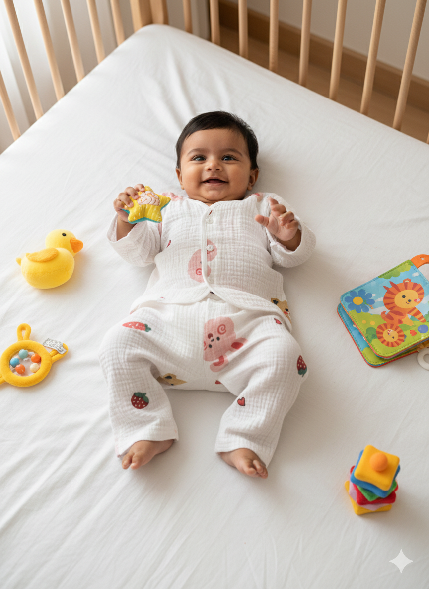 Baby White and Pink Bunny Muslin Suits