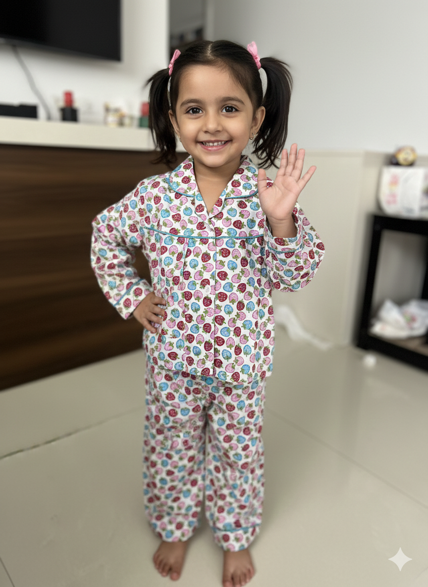 Unisex Strawberry Pink and Red Cotton Nightsuit