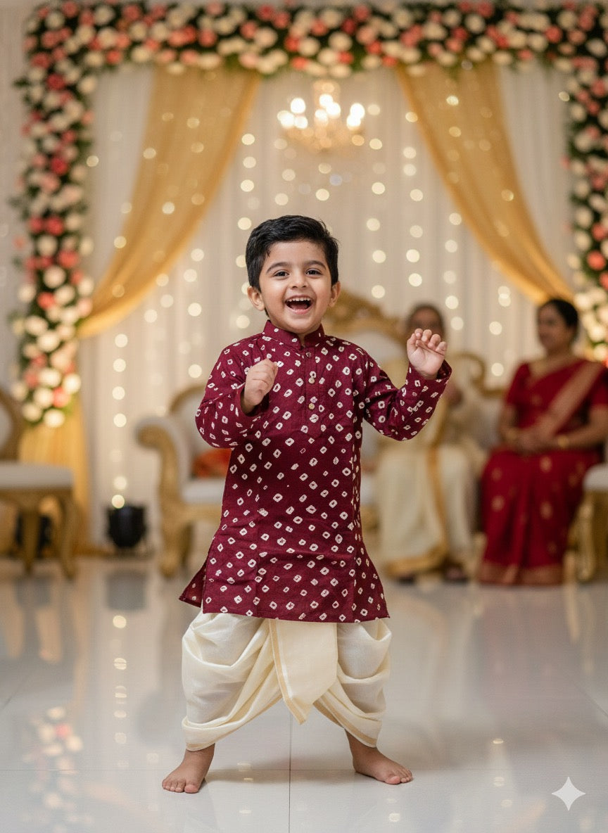 Boys Maroon Bandhani Silk Kurta