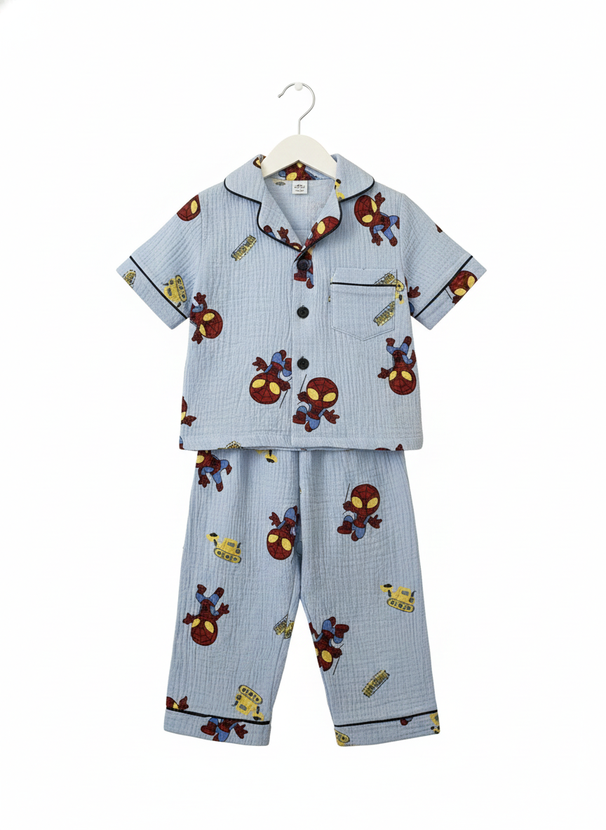 Unisex Blue Spiderman Muslin Nightsuit