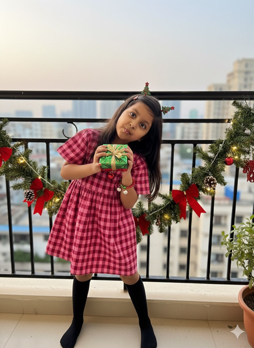 Girls Pink Checks Frock
