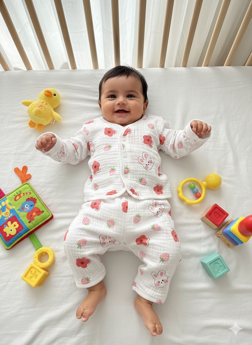 Baby Red Flower Strawberry Muslin Suits