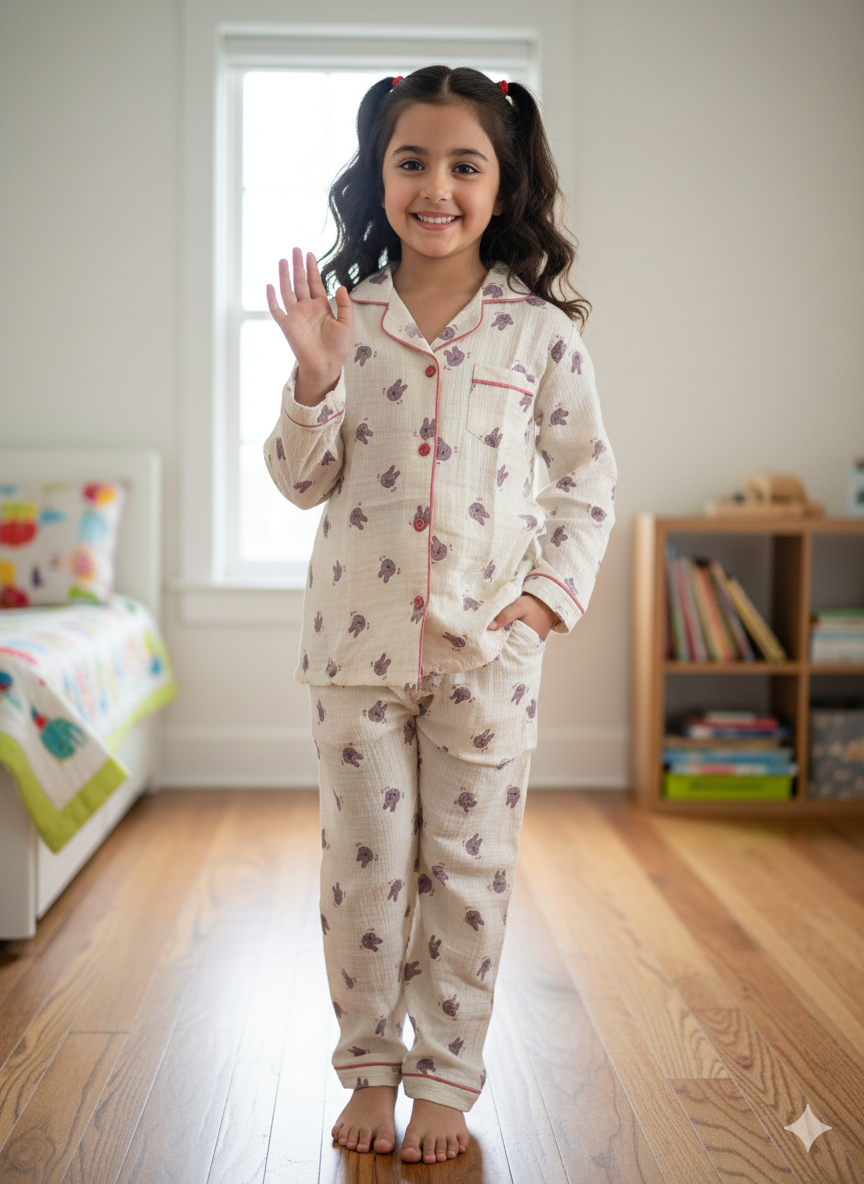 Unisex Cream Pink Rabbit Muslin Nightsuit