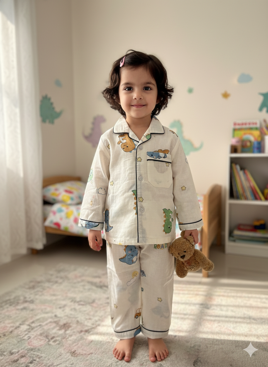 Unisex Dino Car Bamboo Muslin Nightsuit