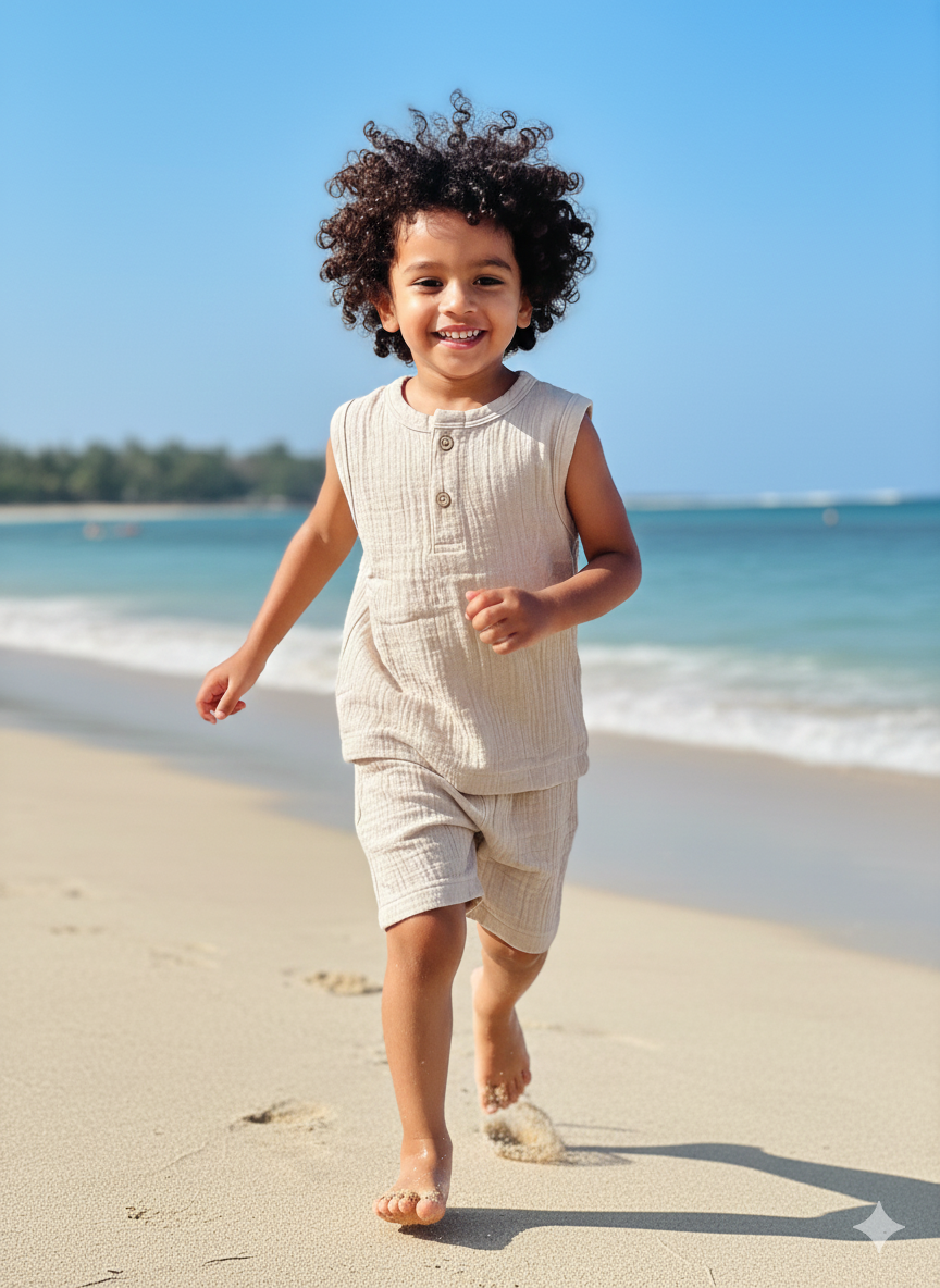 Unisex Solid Beige Sleeveless Cords Sets