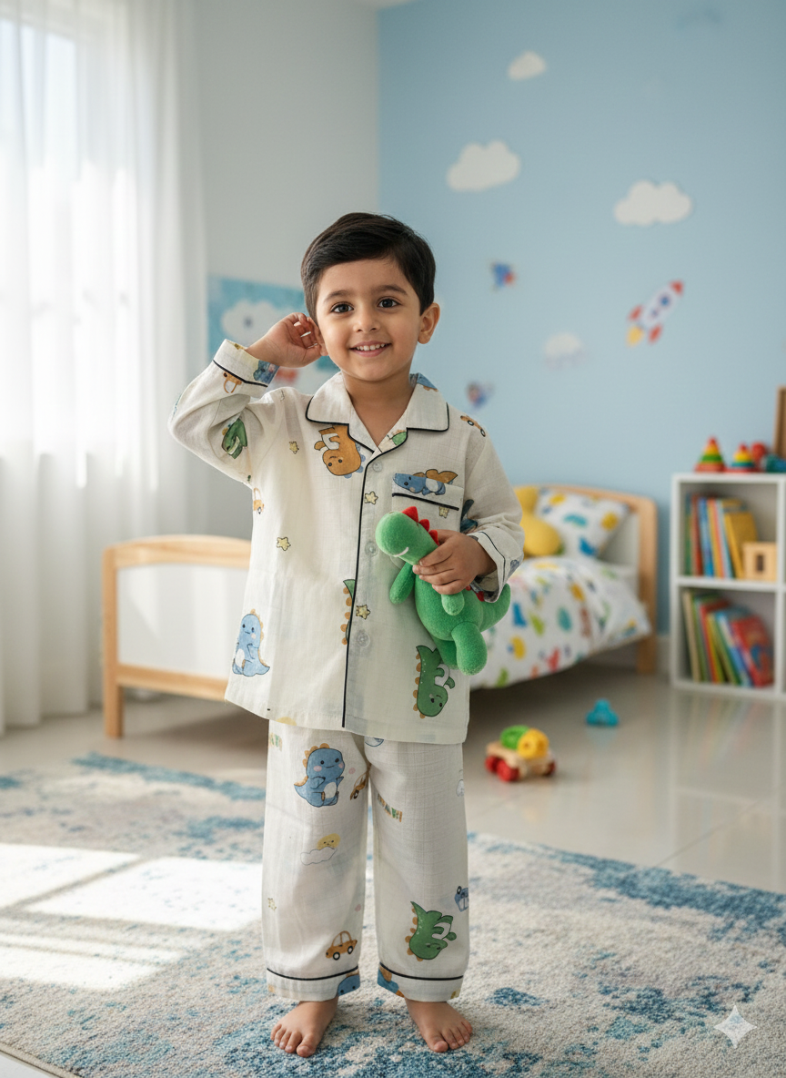 Unisex Dino Car Bamboo Muslin Nightsuit