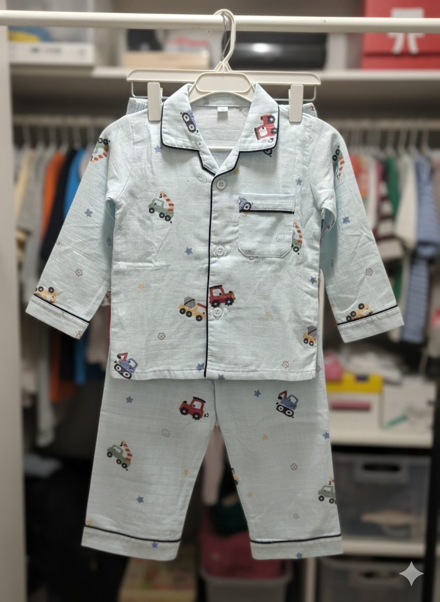 Unisex Checks Blue Car Bamboo Muslin Nightsuit