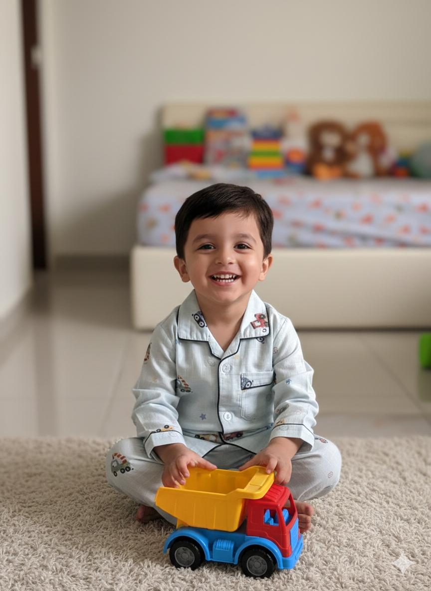 Unisex Checks Blue Car Bamboo Muslin Nightsuit