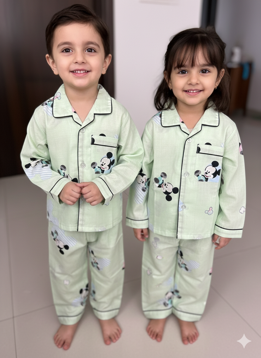Unisex Green Micky Bamboo Muslin Nightsuit