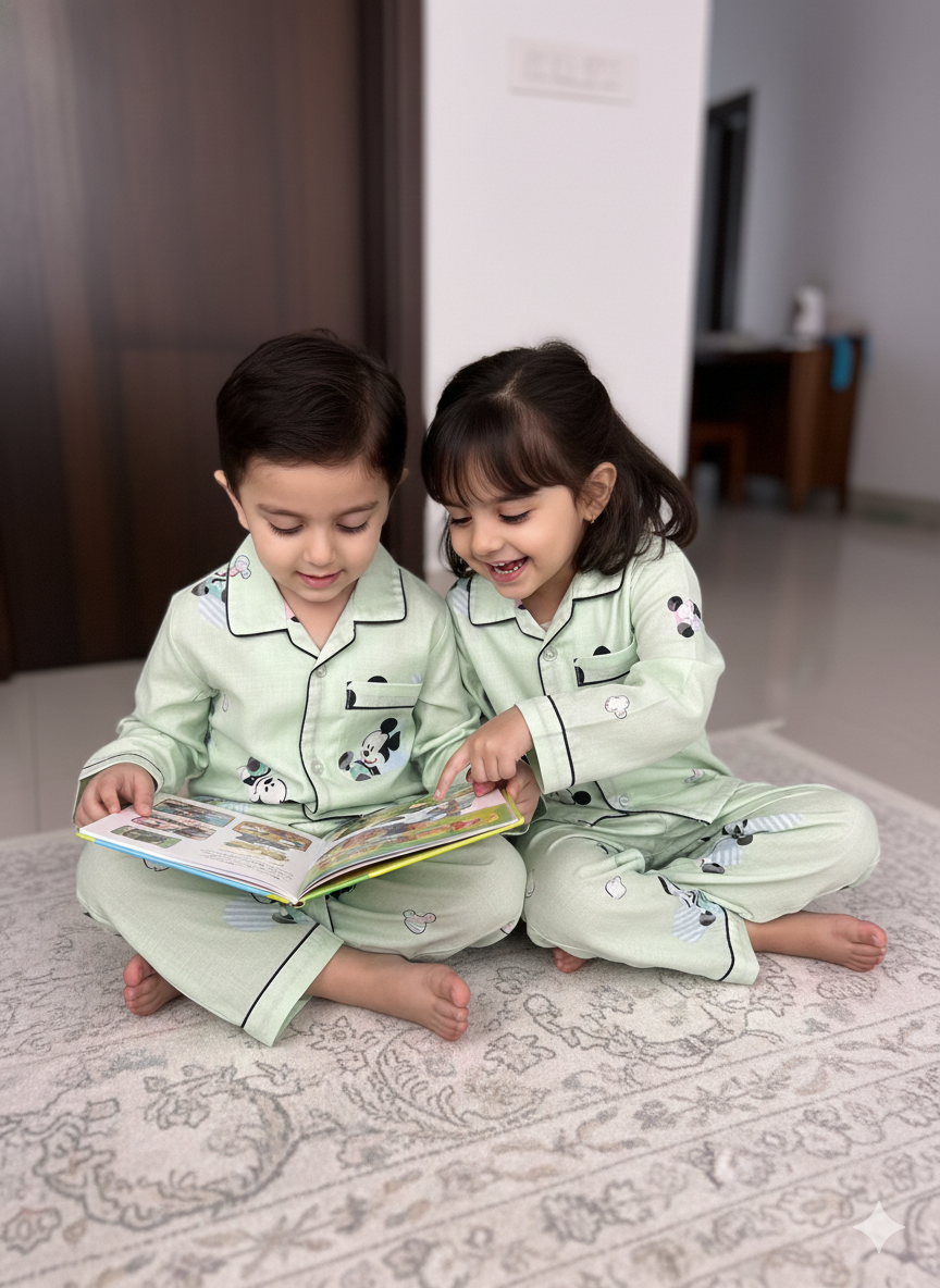 Unisex Green Micky Bamboo Muslin Nightsuit