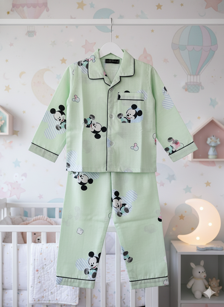 Unisex Green Micky Bamboo Muslin Nightsuit