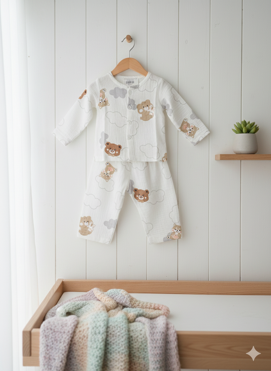 Baby Cloud Teddy Print Muslin Suits