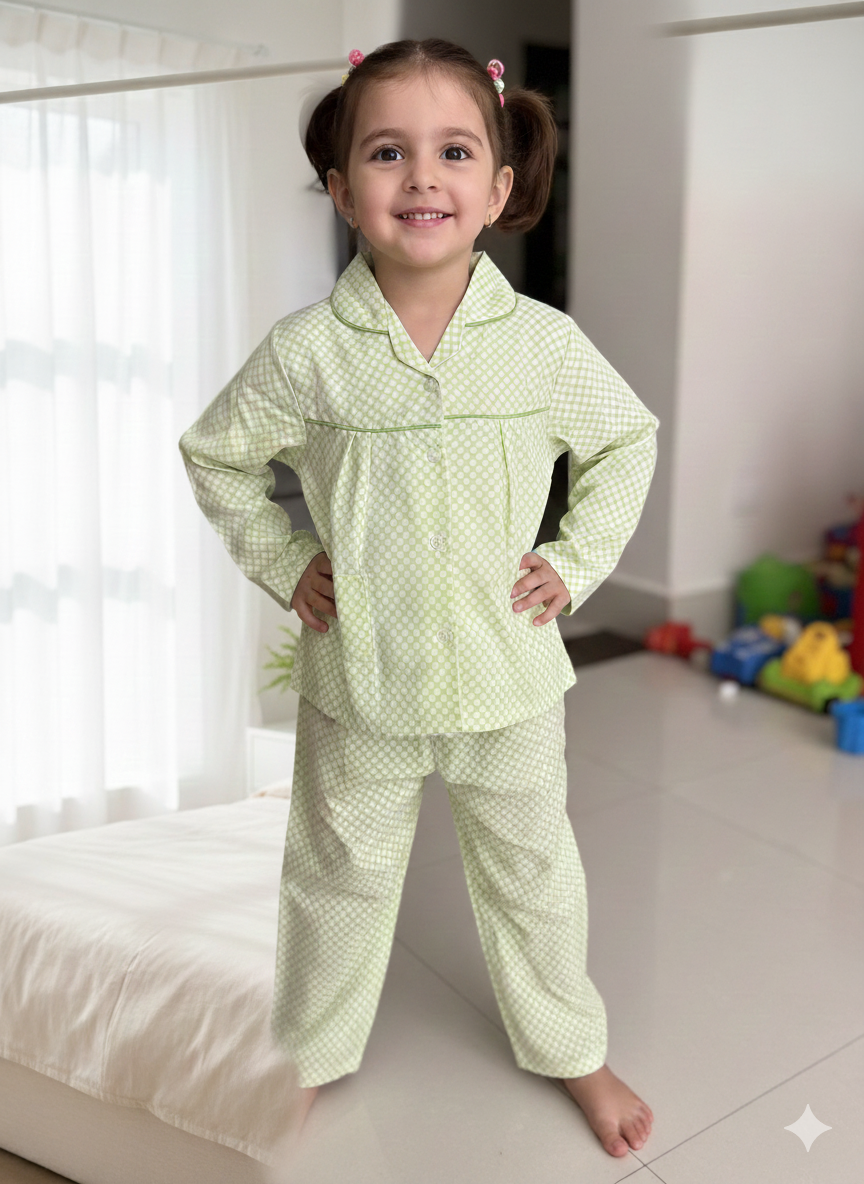 Unisex Green Polka Dot Cotton Nightsuit
