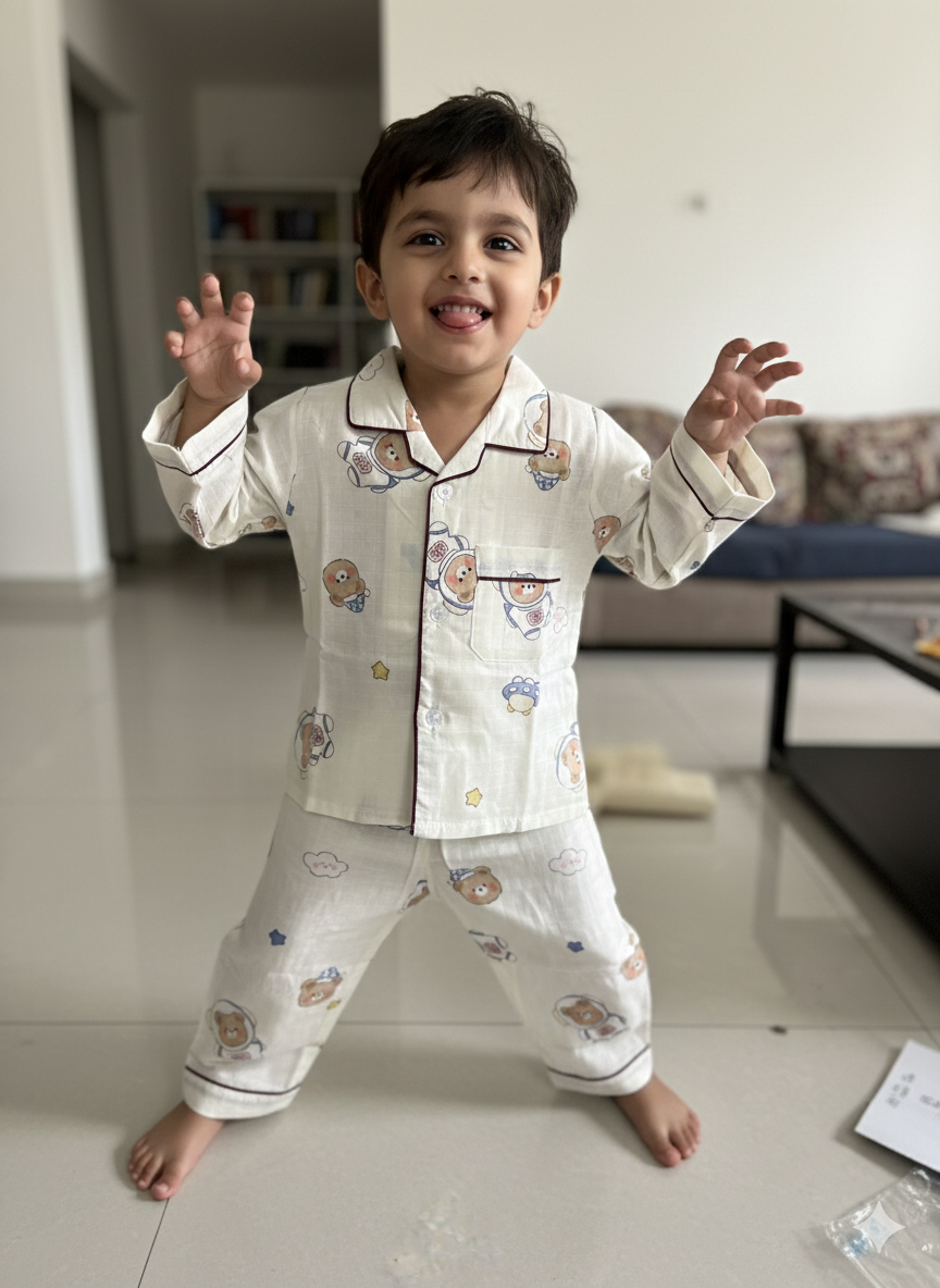 Unisex Cream Astronaut Bamboo Muslin Nightsuit