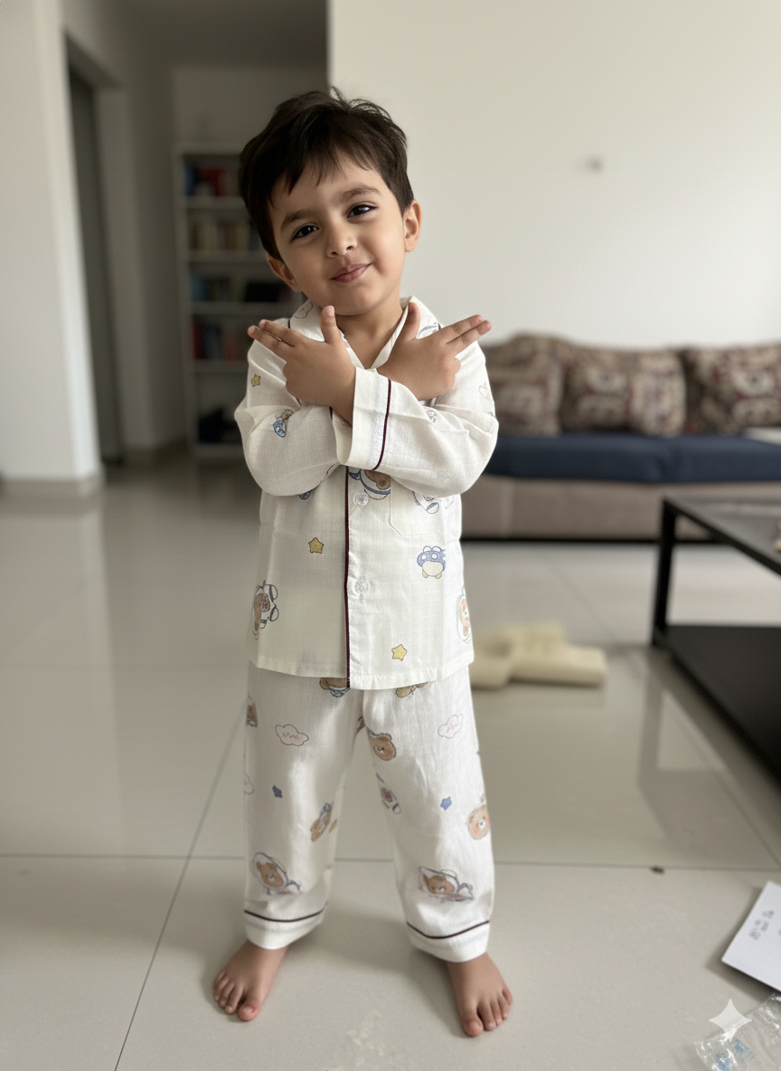 Unisex Cream Astronaut Bamboo Muslin Nightsuit