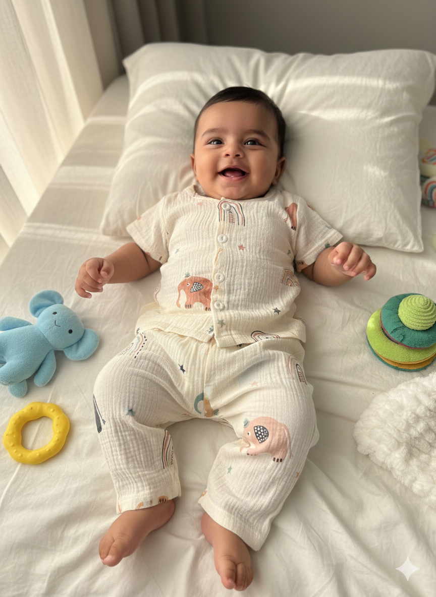 Baby Cream Elephant Print Muslin Suits