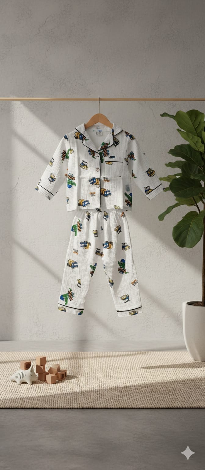 Unisex Green Car Print Muslin Nightsuit