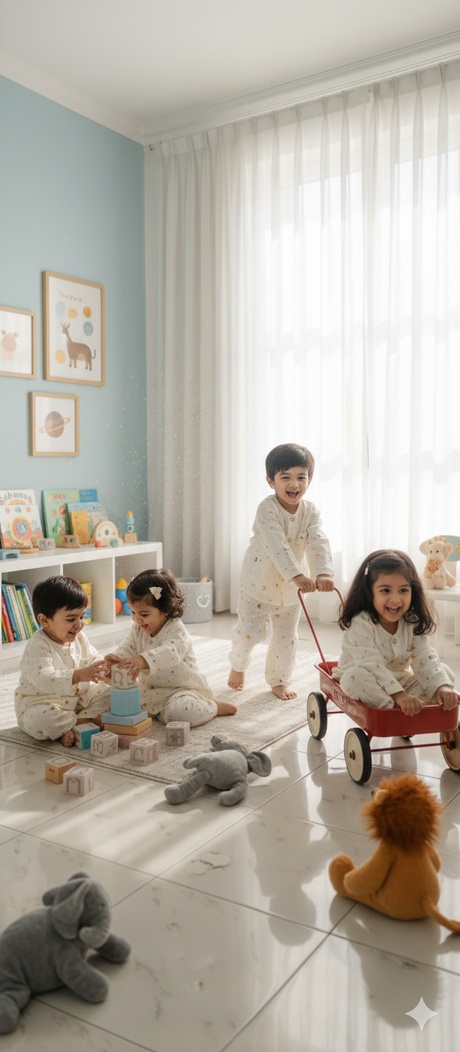 Unisex Round Neck White and Grey Moon Print Muslin Nightsuit