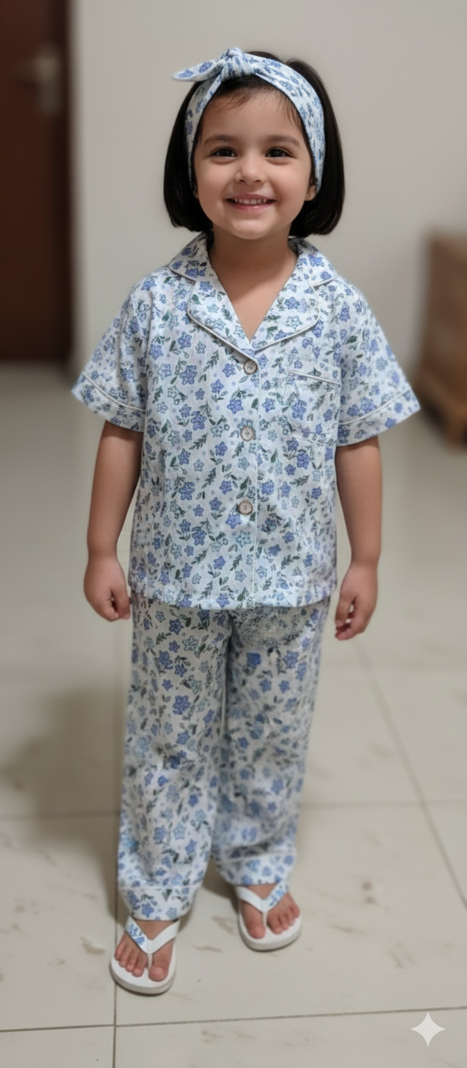 Unisex White and Blue Floral Print Muslin Nightsuit