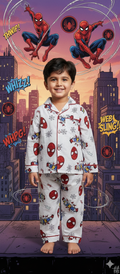 Unisex White and Red Spiderman Muslin Nightsuit