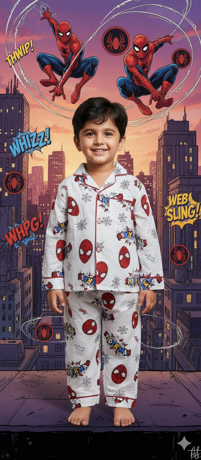 Unisex White and Red Spiderman Muslin Nightsuit