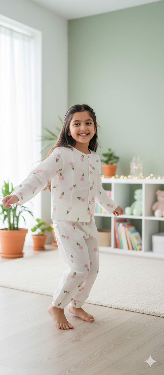 Unisex Round Neck Pink Flower Print Muslin Nightsuit