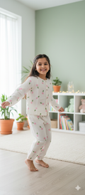 Unisex Round Neck Pink Flower Print Muslin Nightsuit