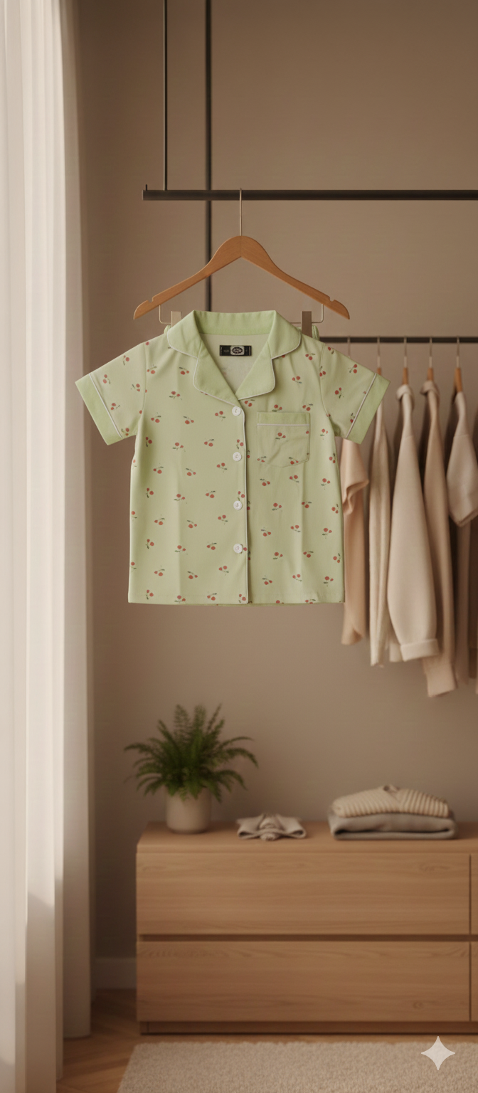 Unisex Green and Red Cherry Print Hosiery Nightsuit