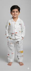 Unisex White and Yellow Dinosaur Muslin Nightsuit