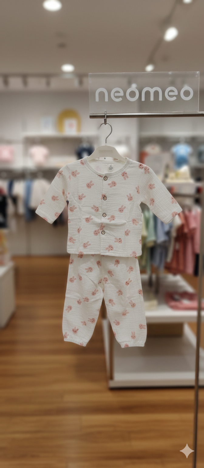 Unisex Round Neck White and Pink Bunny Print Muslin Nightsuit