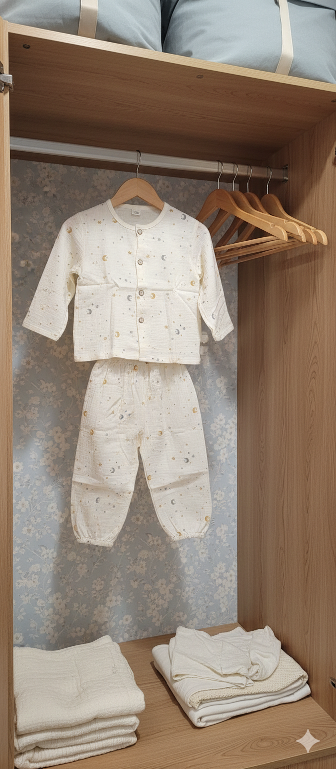 Unisex Round Neck White and Grey Moon Print Muslin Nightsuit