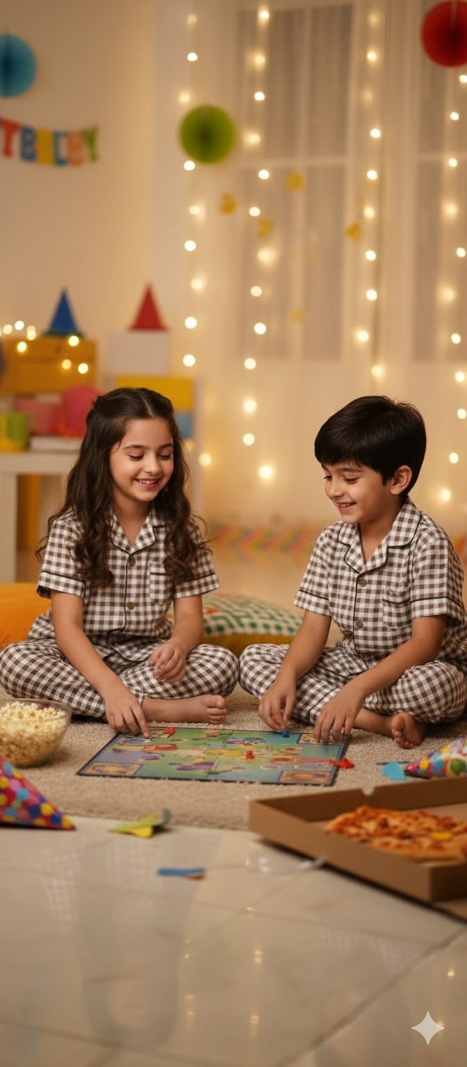 Unisex White and Brown Checks Muslin Nightsuit