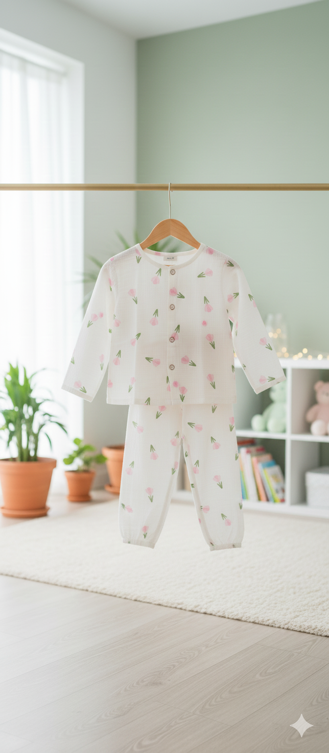 Unisex Round Neck Pink Flower Print Muslin Nightsuit