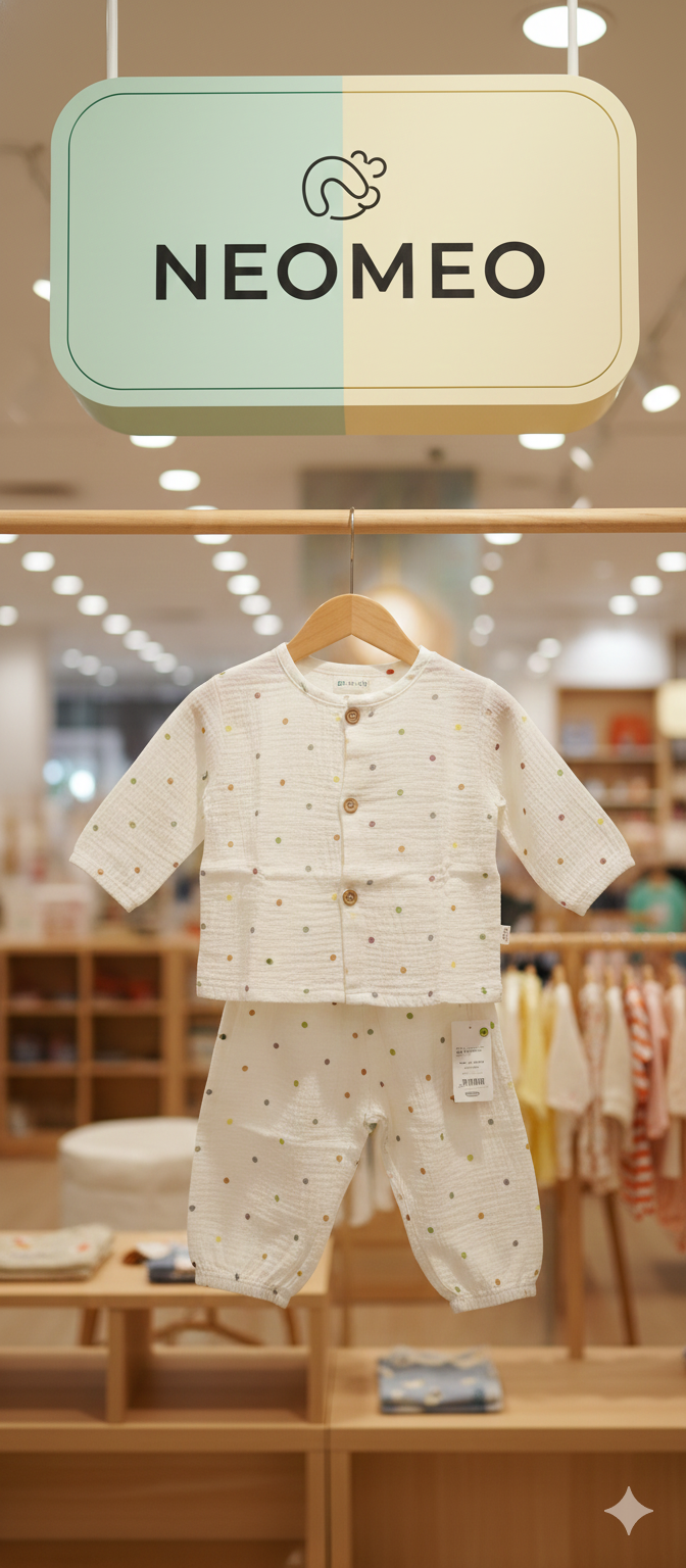 Unisex Cream Round Neck Polka Dot Muslin Nightsuit
