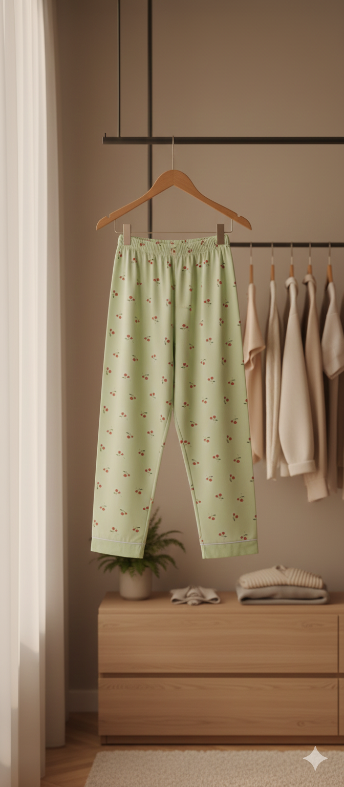 Unisex Green and Red Cherry Print Hosiery Nightsuit