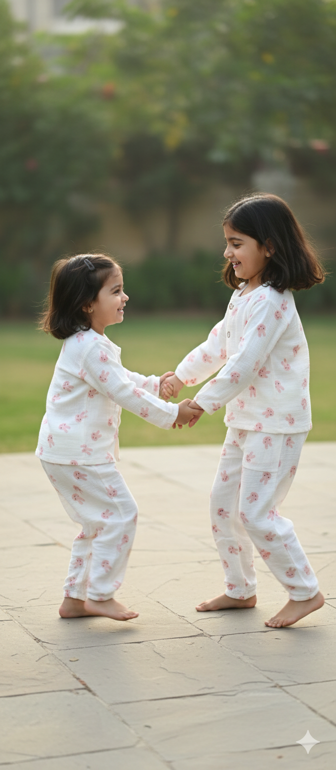 Unisex Round Neck White and Pink Bunny Print Muslin Nightsuit