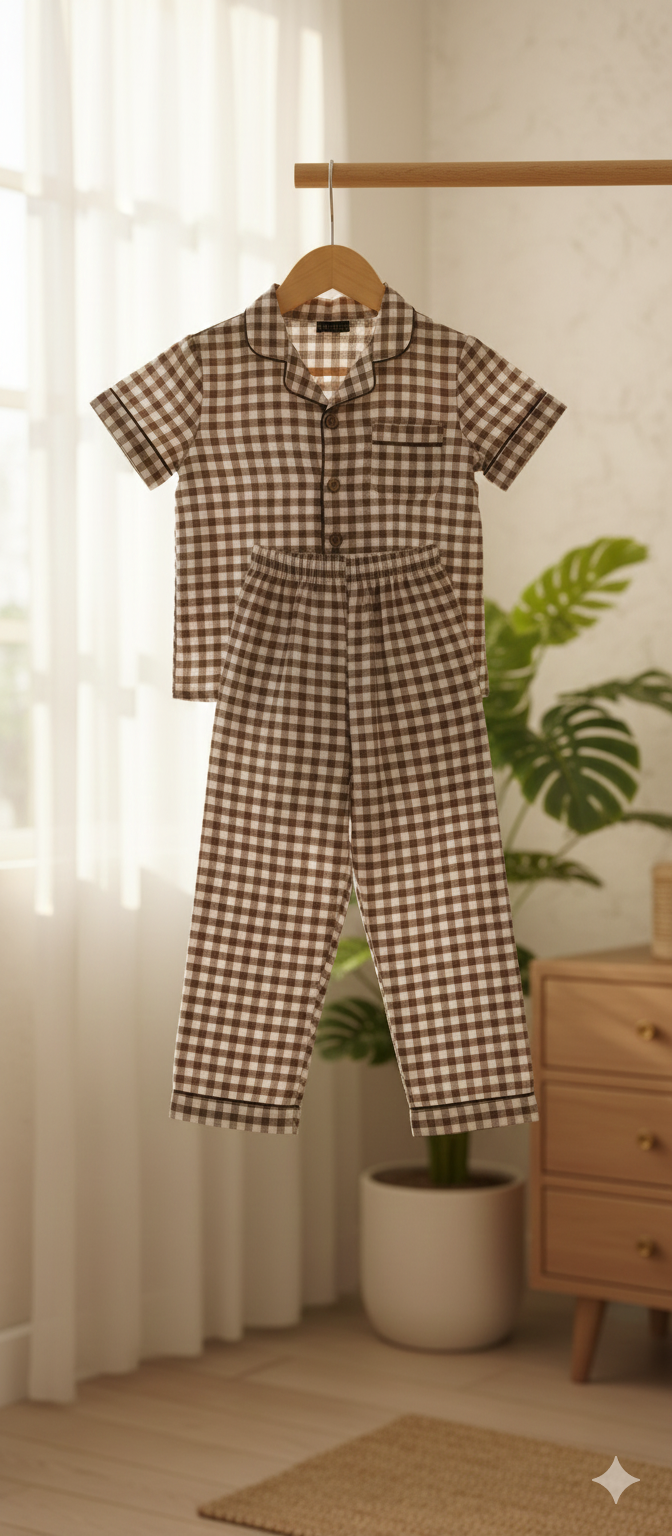 Unisex White and Brown Checks Muslin Nightsuit