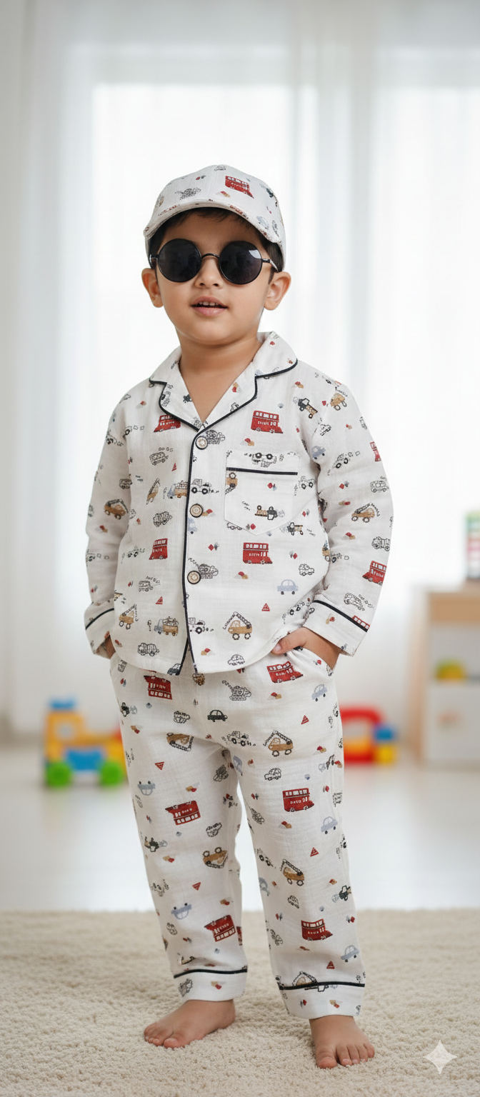 Unisex White and Red Bus Muslin Nightsuit