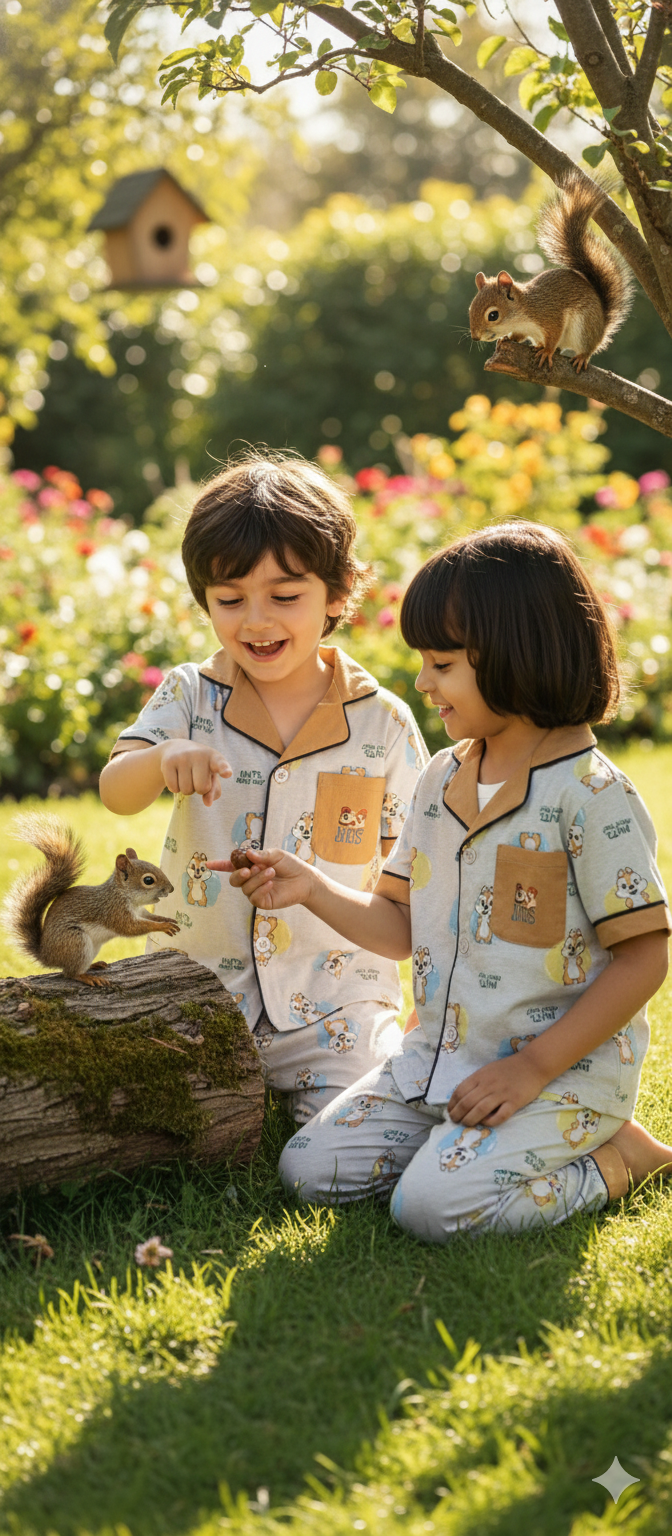Unisex Grey and Brown Squirrel Print Hosiery Nightsuit