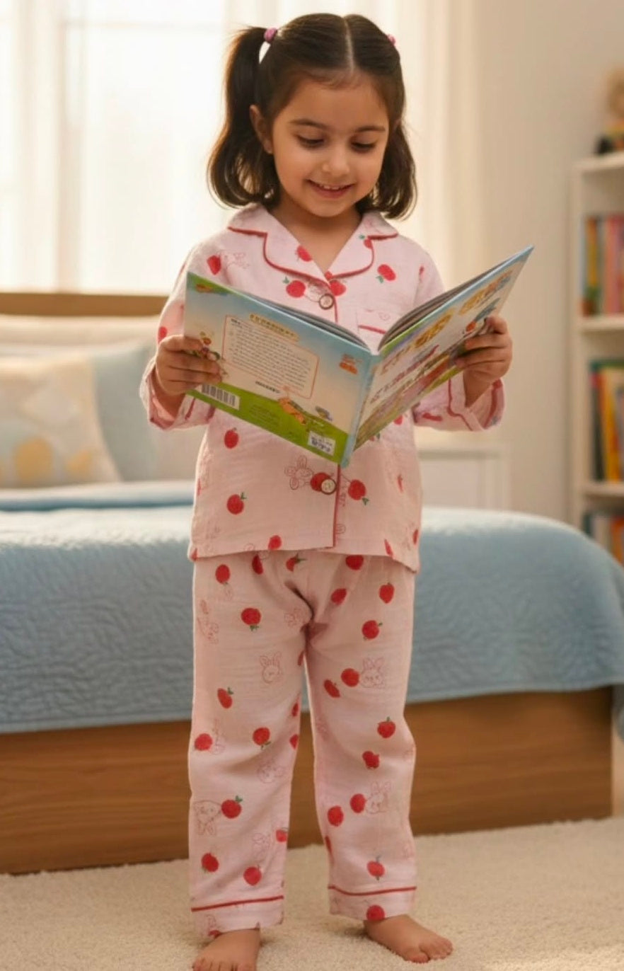 Unisex Pink and Red Cherry Print Muslin Nightsuit