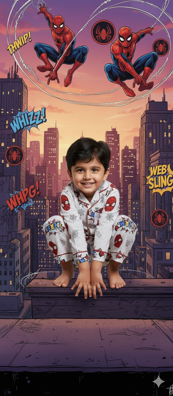 Unisex White and Red Spiderman Muslin Nightsuit