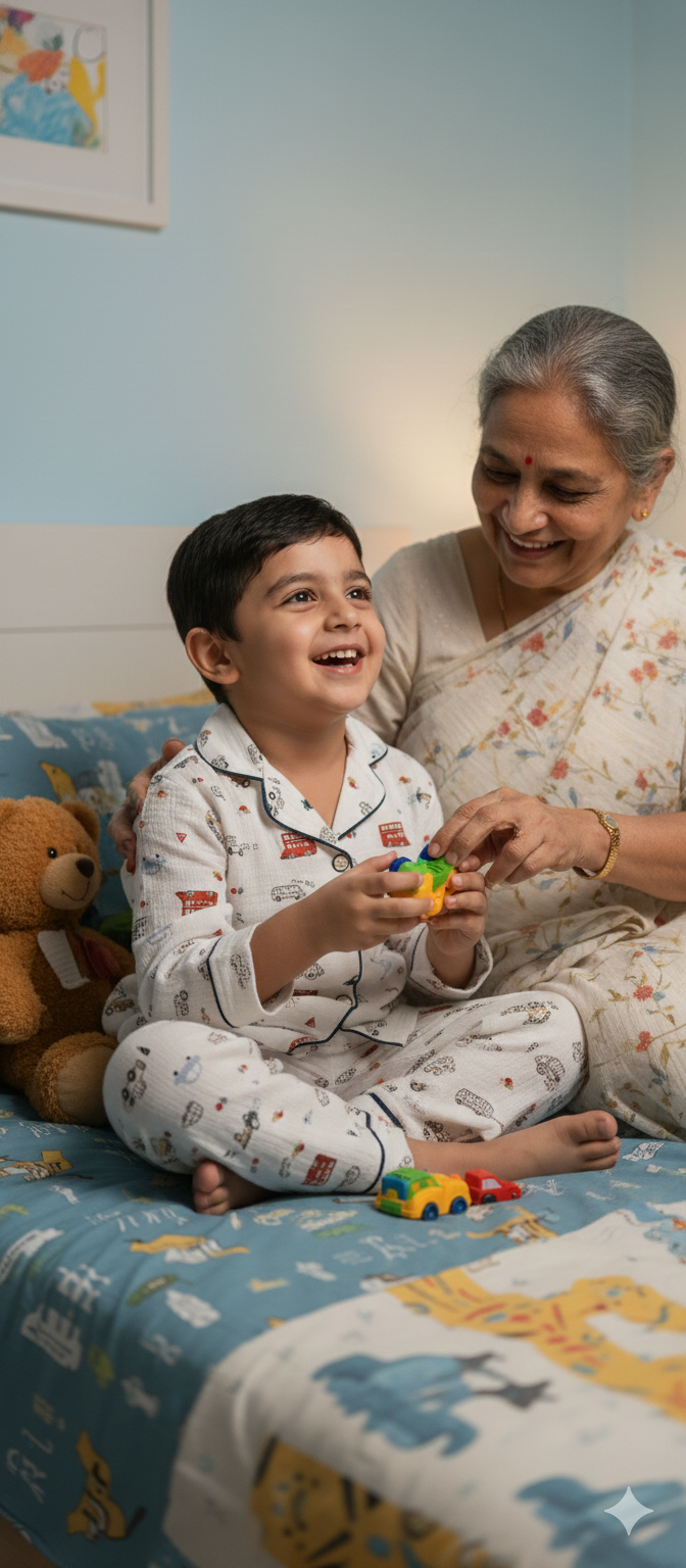 Unisex White and Red Bus Muslin Nightsuit