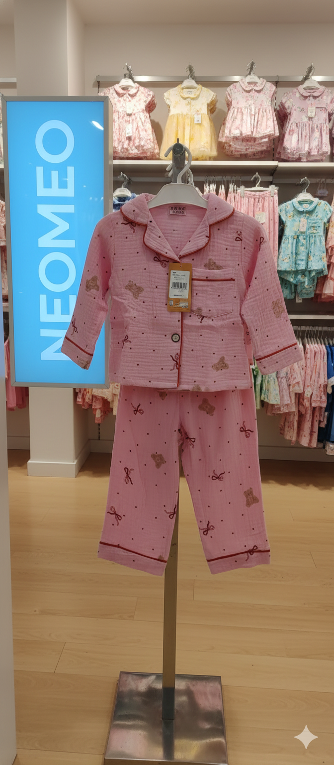 Unisex Pink and Red Bow Muslin Nightsuit